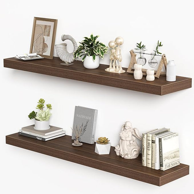 Floating Shelves for Wall, 48"W x 9.3"D x 1.5"H, Long Wooden Wall Mounted Display Shelves with Invisible Brackets for Living Room, Bedroom, Bathroom, Kitchen Decor and Storage, Set of 2, Walnut