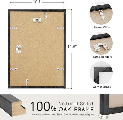 puthiac 10x14 Solid Oak Wood Picture Frame, Fits 8x10 with Mat or 10x14 Without Mat, Wall Display Only, Vertical or Horizontal, Plexi Front, 1 Pack, Black