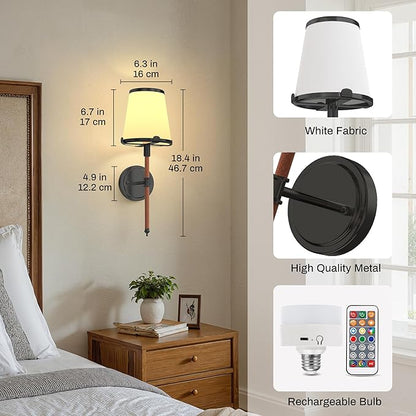 DORESshop Battery Operated Wall Sconce Set of 2, Wireless Wall Light Easy to Install, 7 Color Rechargeable Wall Sconces, Sconce Wall Decor Set of 2 for Bedroom, Living Room, Black and Leather, 18.7in