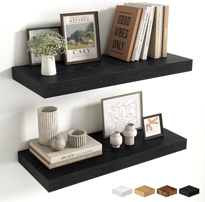 Fun Memories 24 Inch Floating Shelves Wall Mounted, 10 Inch Deep Wall Shelves, 24 x 10 Floating Shelf for Living Room Bathroom Bedroom, Black, Set of 2