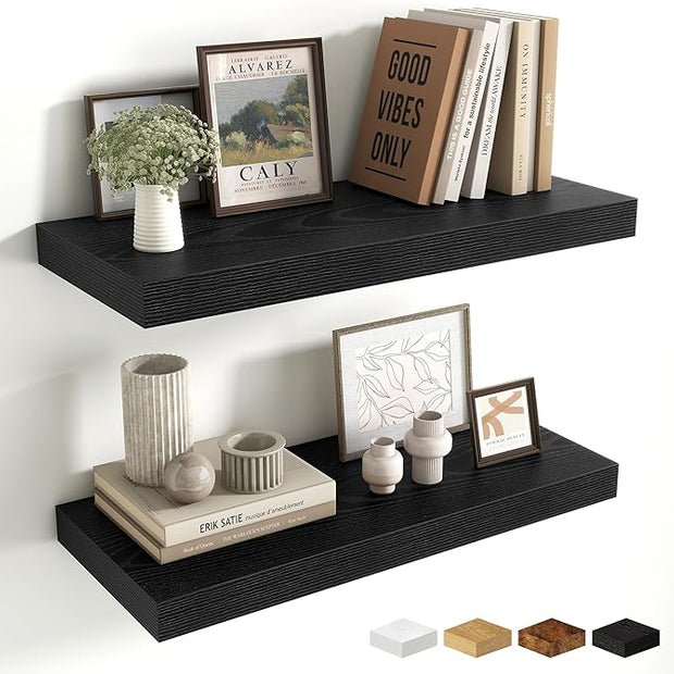Fun Memories 24 Inch Floating Shelves Wall Mounted, 10 Inch Deep Wall Shelves, 24 x 10 Floating Shelf for Living Room Bathroom Bedroom, Black, Set of 2