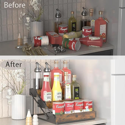 3 Tier Foldable Spice Rack Organizer for Countertop, Step Shelf with Spice Jars for Kitchen Cabinet Drawers Seasoning Rustic Wooden Spice Holder for Home, Cupboard or Door - 2PCS