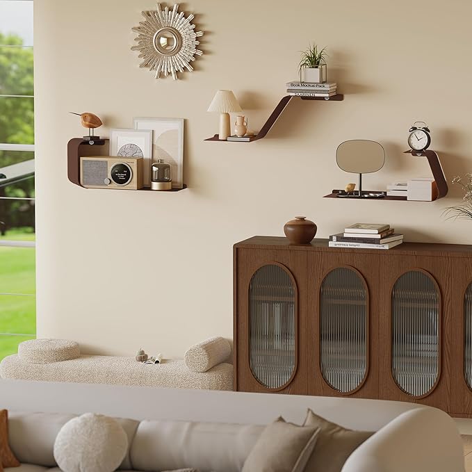 Floating Wall Shelves Set of 3, Metal Mounted Shelf with Unique Design, Bookshelf for Storage & Display in Bathroom, Bedroom, Kitchen, Living Room, Brown Home Decor