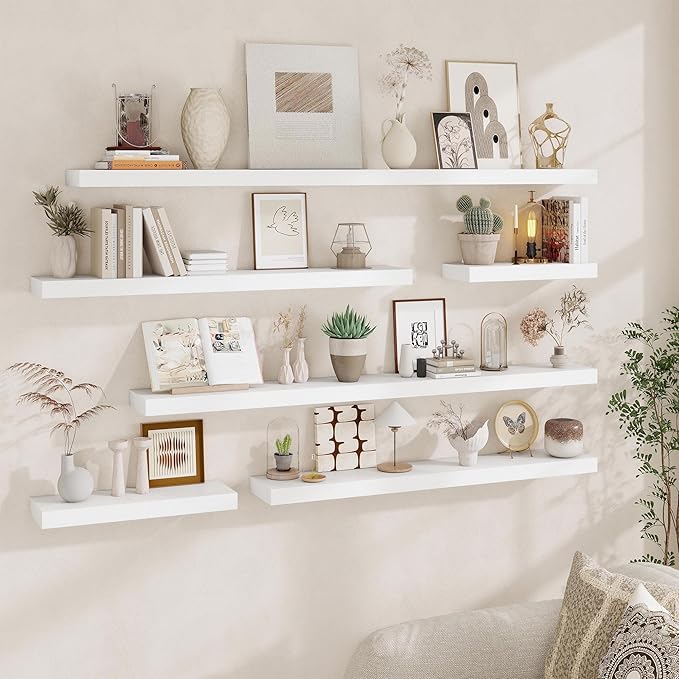 Fun Memories 55 Inch Fireplace Mantel - Long Floating Shelf, Wall Mounted Farmhouse Display with Invisible Heavy Duty Metal Bracket, White