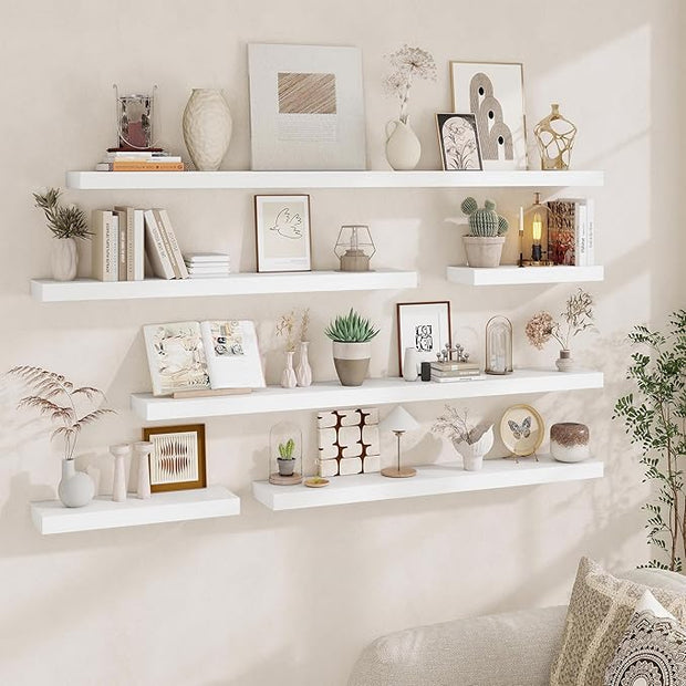 Fun Memories Floating Shelves for Wall, 32Inch Floating Shelves Set of 2, Hanging Shelf with Invisible Brackets, Wood Shelves for Living Room, Bedroom, Kitchen, White