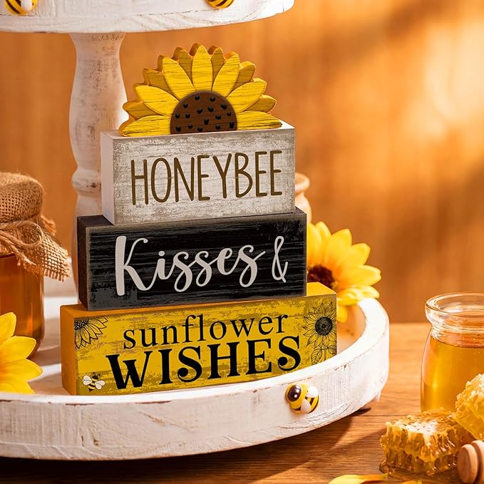4 Pcs Summer Table Decor Wooden Sunflower Tiered Tray Decor Rustic Farmhouse Yellow Block Signs Gifts Summer Tabletop Centerpieces for Home Kitchen Coffee Bar Decorations