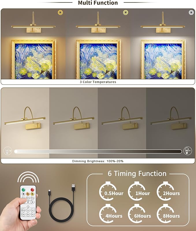 JOOSENLUX Rechargeable Picture Light with Remote Control - 3 Color Temperatures, Timer, Flexible Neck for Artwork & Piano Lighting, 5000mAh Battery, Brass Finish 2700K CRI95+