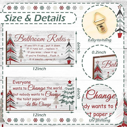 Jetec 2 Pieces Funny Bathroom Signs Bathroom Wall Decor Toilet Wall Accessories Farmhouse Toilet Rustic Wooden Signs, 12x6 Inch(Christmas Style)