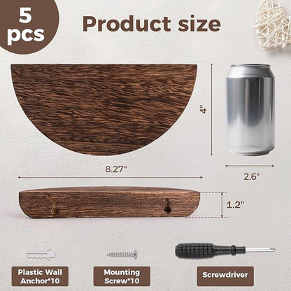 Solid Wood Half Round Floating Shelves, Elegant Floating Shelves, 8.27 Inch Small Wall Mounted Floating Corner Shelves for Living Room, Bedroom, Bathroom, Office. Dark Brown Floating Shelves, Set of 5
