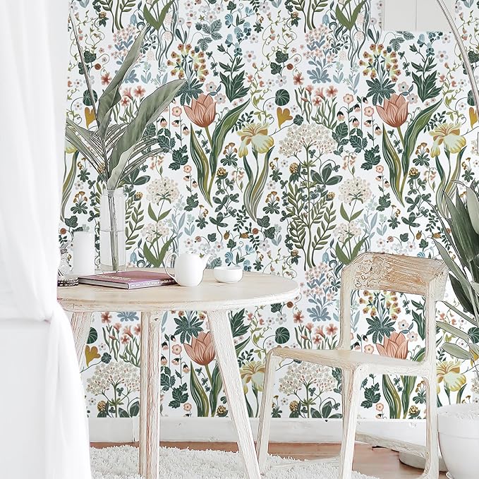 Peel and Stick Wallpaper Vintage White Wallpaper Floral Contact Paper Removable Wall Paper 17.3"x78.7" Leaf Flower Self Adhesive for Bedroom Bathroom Drawer Decor