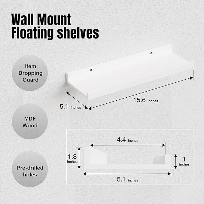 RICHER HOUSE 8 Set Floating Wall Mounted Shelves, Nursery Hanging Book Shelves with Lip for Storage, White Display Picture Ledge Shelf for Bedroom Bathroom Kitchen Living Room Wall Decor, Modern White