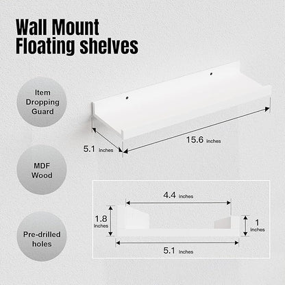 RICHER HOUSE 5 Set White Floating Shelves, Wall Mounted Shelves for Wall Decor, Modern Picture Ledge Shelf with Lip for Storage Nursery, Bedroom, Living Room, Bathroom - White
