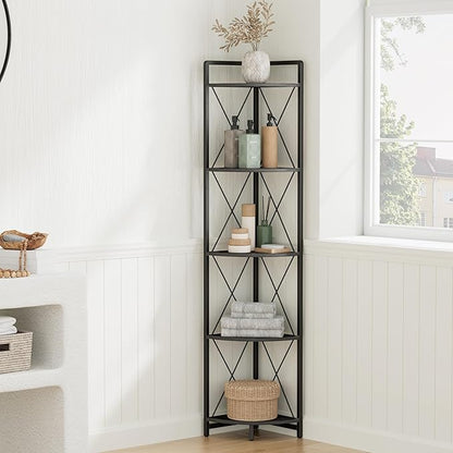 5 Tier Corner Shelf Stand, 64" H Tall Industrial Corner Bookshelf for Living Room Decor, Metal Corner Shelf, Plant Stand Display Shelf for Bedroom, Bathroom, Small Space, Black
