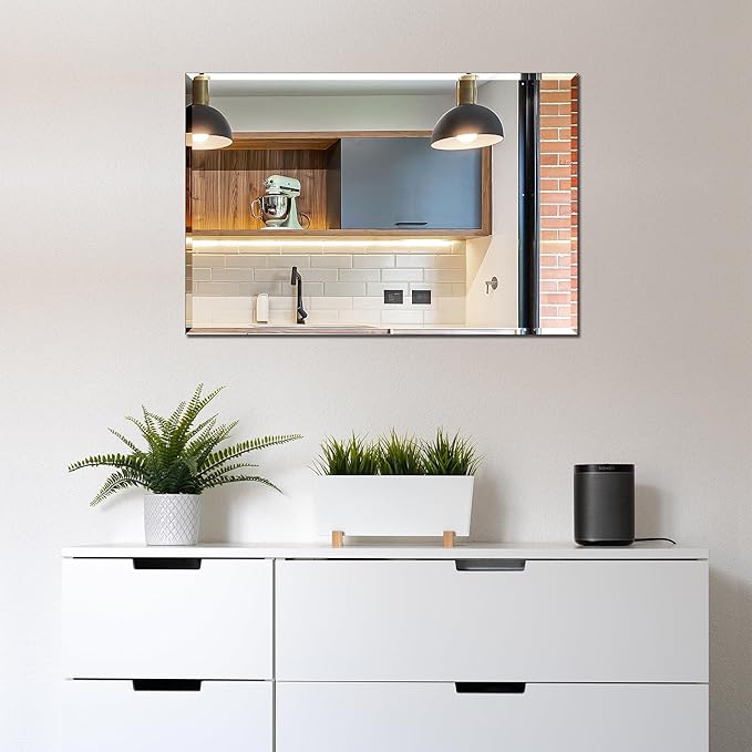 Frameless Bathroom Mirror for Wall, Rectangle Beveled Edge Mirror for Over Sink, Tempered Glass, Shatterproof, Hangs Horizontally or Vertically for Living Room, Entryway, Restroom, 24