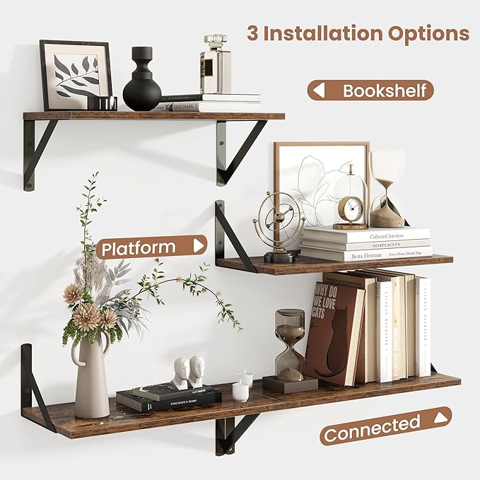 Axeman Floating Shelves for Wall, 16''W x 8''D Wood Floating Shelves Set of 2, 8 Inch Deep Rustic Wall Shelves for Bookshelf Living Room Bedroom Home Office Bathroom