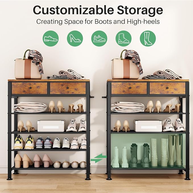 Kitstorack Shoe Rack, 5 Tier Shoe Organizer for 12-16 Pairs of Shoes, with 2 Drawers, 3 Fabric Shelves and Wooden Top, Shoe Rack for Closet Entryway, Rustic Brown