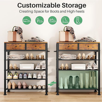 Kitstorack Shoe Rack, 5 Tier Shoe Organizer for 12-16 Pairs of Shoes, with 2 Drawers, 3 Fabric Shelves and Wooden Top, Shoe Rack for Closet Entryway, Rustic Brown