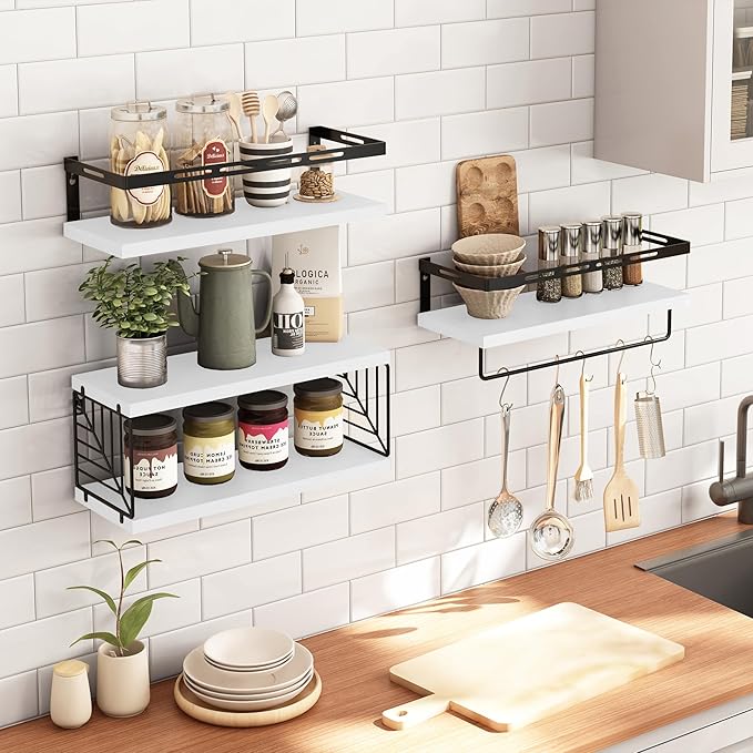 Fixwal Wall Mounted Bathroom Shelves Over Toilet, Rustic Wood Floating Shelves with Metal Frame and Towel Bar for Bathroom, Kitchen, Bedroom, Living Room (White)