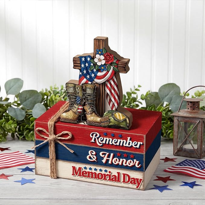 Geelin 4 Pcs Memorial Day Wooden Book Stack Decorations, Patriotic Tabletop Book Sign Set with Boots Cross Helmet and Flag, Rustic Red White Blue Tiered Tray Decor for Home, Office, Veterans Day