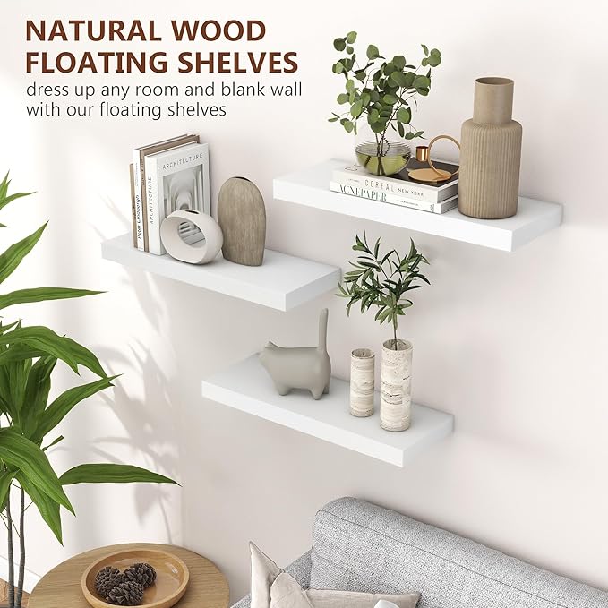 fuqing Floating Shelves for Wall - White Wood Wall Shelves Set of 3 - Modern Style Wooden Shelves for Room Decor & Storage