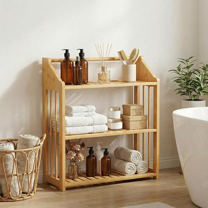 Goaste Bamboo Over The Toilet Storage Shelf, 3-Tier Wall Mounted Bamboo Rack Organizer, Floating Rack with Hanging Rod, Free Standing Shower Shelf with Adjustable Layer for Kitchen, Bathroom, Home