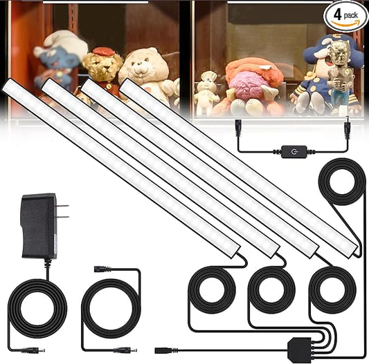 JUSJUBR Display Cabinet Lights, LED Shelf Lighting with Memory Function, 4x12 Inch Black Display Case LED Lighting, LED Lights for Display Case, Cold White 6000K, Ultra-Thin, Dimmable