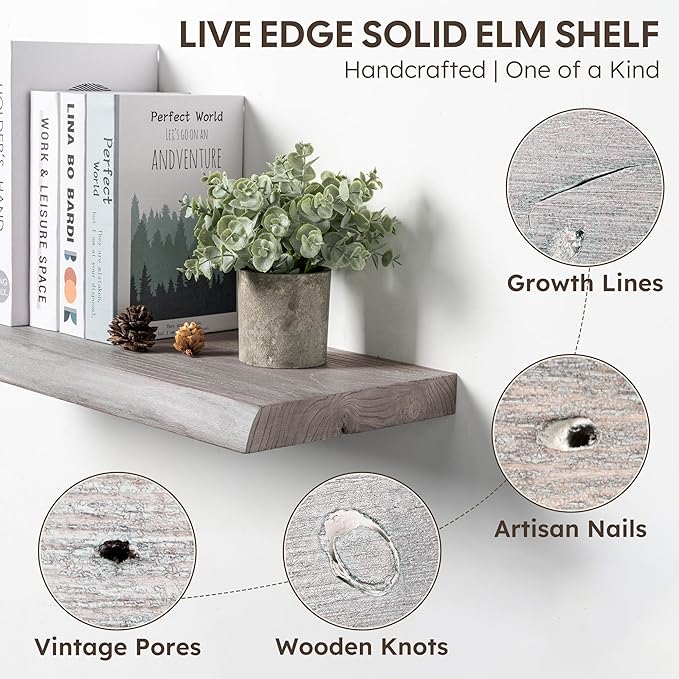 Live Edge Floating Shelf, 48 Inch Solid Elm Wood - Weathered Gray Rustic Wood Wall Shelf with Invisible Brackets for Living Room, Kitchen, Bathroom
