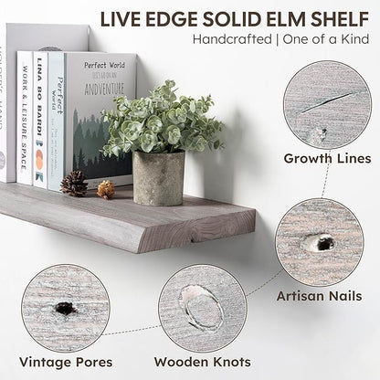 Live Edge Floating Shelf, 48 Inch Solid Elm Wood - Weathered Gray Rustic Wood Wall Shelf with Invisible Brackets for Living Room, Kitchen, Bathroom