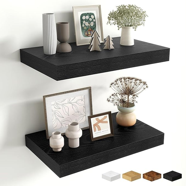 Fun Memories Black Floating Shelves for Wall - 10 x 16 Floating Shelf - Rustic Wood Storage Shelf - Wall Shelves with Invisible Bracket - 16" Bookshelves for Living Room & Bedroom - Black - Set of 2