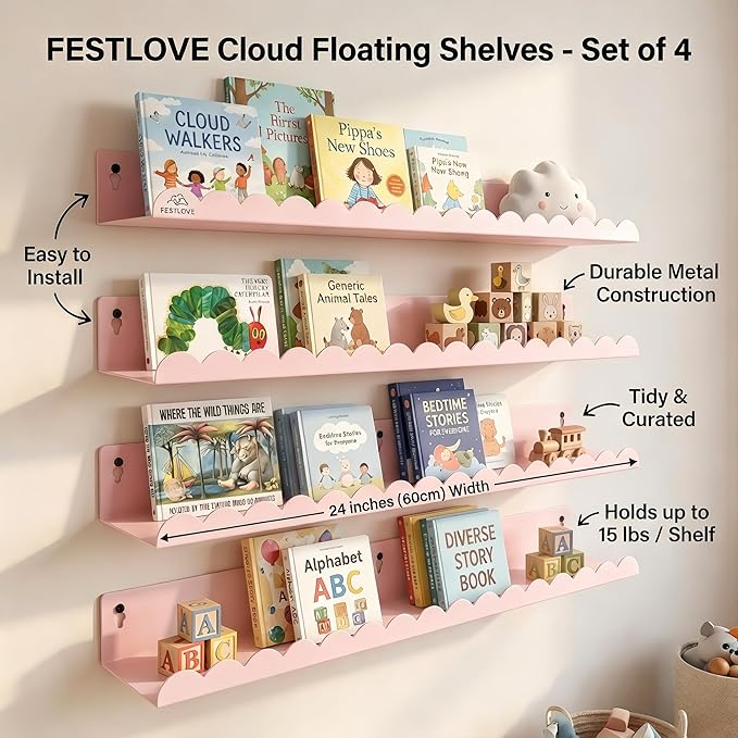24 Inch Nursery Book Shelves Set of 4, Pink Metal Floating Shelves for Wall, Scalloped Cloud Book Shelf for Kids Room, Bathroom, Bedroom, Playroom Wall Decor & Storage