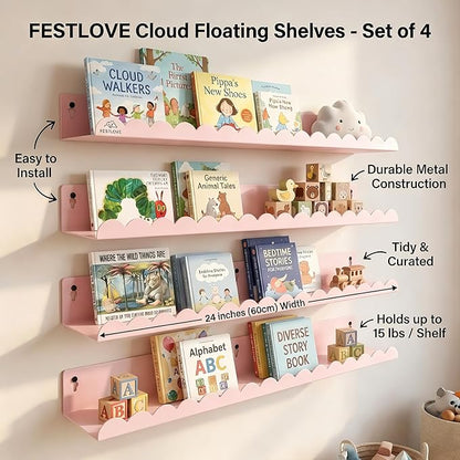 24 Inch Nursery Book Shelves Set of 4, Pink Metal Floating Shelves for Wall, Scalloped Cloud Book Shelf for Kids Room, Bathroom, Bedroom, Playroom Wall Decor & Storage