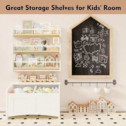 Nursery Floating Bookshelf for Kids, Wall Mounted Kids Book Shelf with Toy Storage, Pine Wood Nursery Shelves for Playroom, Bedroom, Toddler Room, Set of 3 (Pine & White, 15.8 Inches)