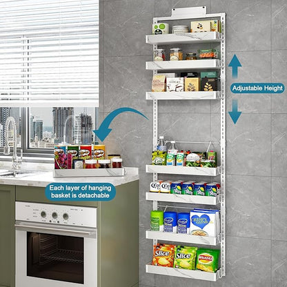 bukfen Over the Door Pantry Organizer, 8-Tier Adjustable Basket Kitchen Pantry Door Organization and Storage, Heavy-Duty Metal Hanging Kitchen Spice Rack, D6.3 x W17.32 x H66.93 inch, 1 Pack