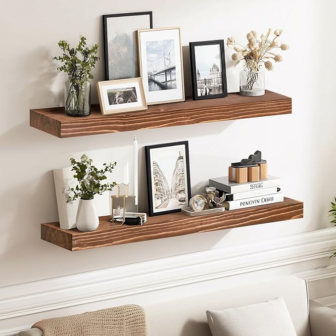 24x8x1.6 inch Floating Shelves Set of 2 – Solid Wood Rustic Brown Wall Mounted Shelf for Kitchen, Bathroom, Living Room