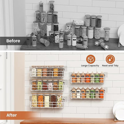 5 Pack Spice Rack Seasoning Organizer Wall Mount, Screw or Adhesive Hanging Shelf Basket Spice Organizer Shelf for Kitchen, White