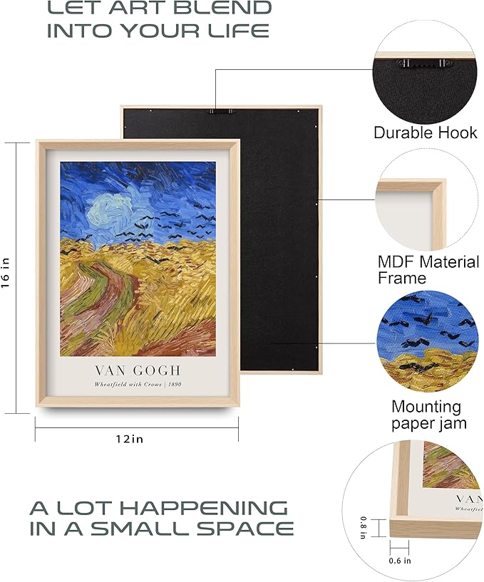 HesenDot Van Gogh Framed Wall Art Set of 3, 12x16 Inch Canvas Prints, Wheatfield, Sunflowers, Landscape Paintings, Vintage Artwork Posters Home Decoration for Living Room Bedroom Gallery Office