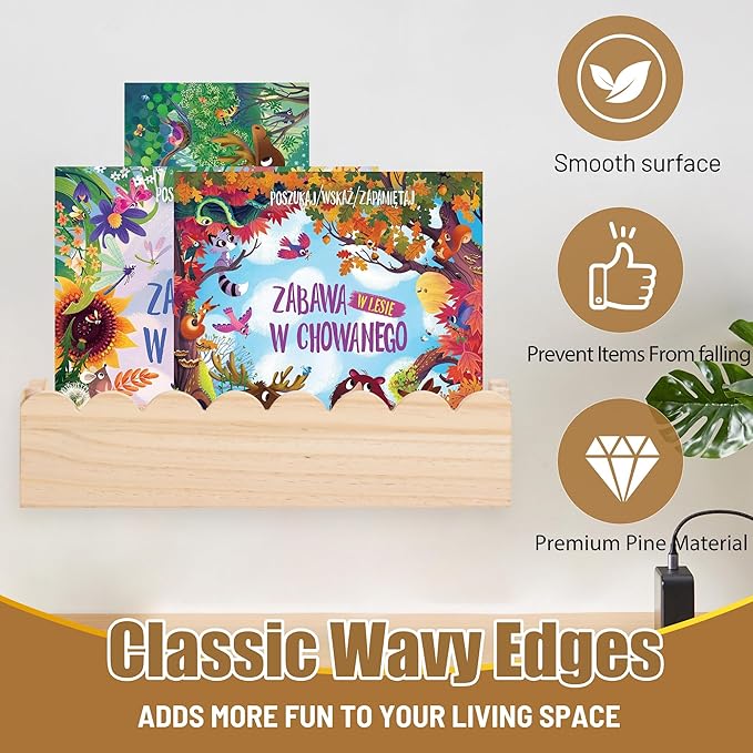 Wood Floating Shelves for Wall,Nursery Bookshelf,Kids Book Shelf,Baby Toys Storage Decor Organizer Wall Mounted for Living Room Bedroom,Wavy Edge,Preassembled,4 Pack,Scalloped Pine(Natural Wood)