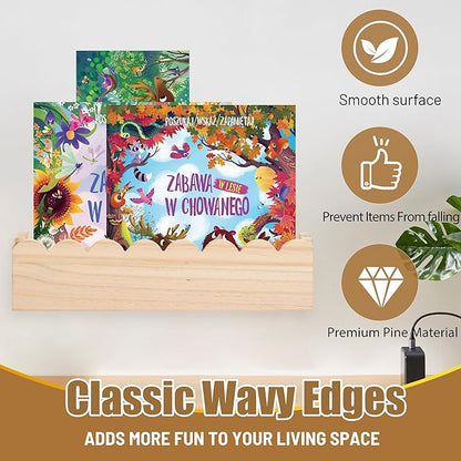Wood Floating Shelves for Wall,Nursery Bookshelf,Kids Book Shelf,Baby Toys Storage Decor Organizer Wall Mounted for Living Room Bedroom,Wavy Edge,Preassembled,4 Pack,Scalloped Pine(Natural Wood)