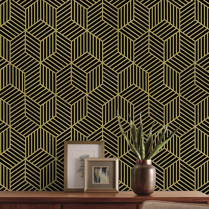 WENMER Black and Gold Geometric Wallpaper, 17.7
