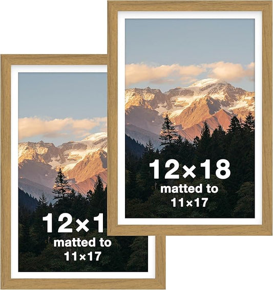 FrameWorks 2-Pack, 12x18 Matted to 11x17 Picture Frame, Golden Oak – Classic Wooden Photo Frame with Tempered Glass, Modern Matte Finish for Prints, Posters, Certificates & Wall Decor – Gallery-Ready