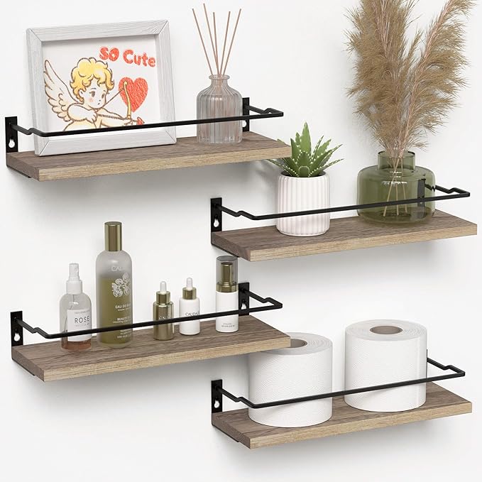 RICHER HOUSE 4-Piece Bathroom Paulownia Wood Shelves Set, Wall Mounted, Protected Guardrail, 20 lbs Weight Capacity - Carbonized Black