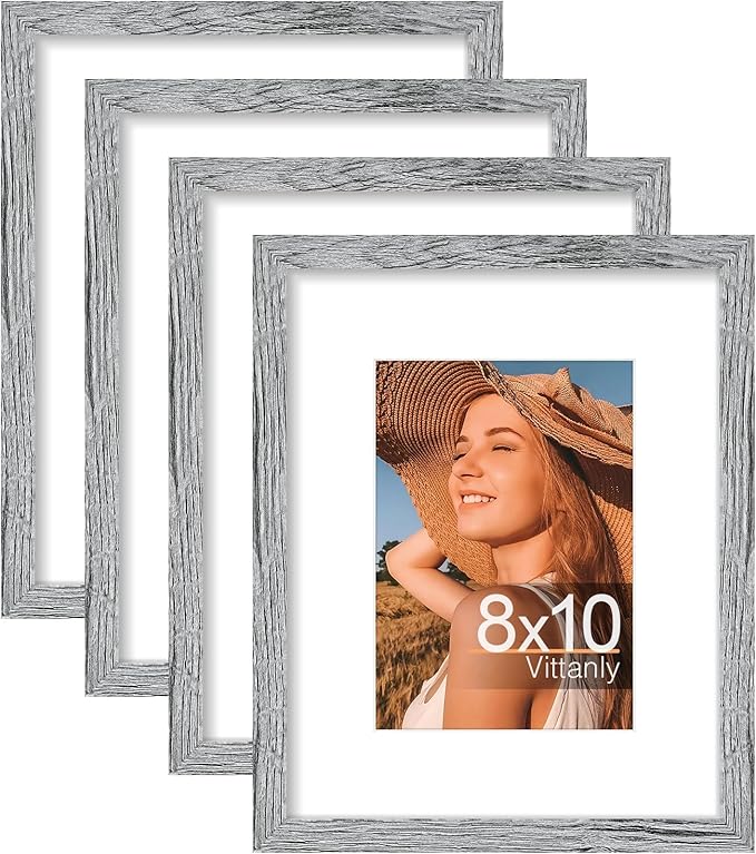 Vittanly 8x10 Picture Frame Set of 4, Display Pictures 5x7 with Mat or 8x10 without Mat, Engineered Wood with Shatter Resistant Plexiglass, Wall Gallery Photo Frames for Wall or Tabletop, Grey