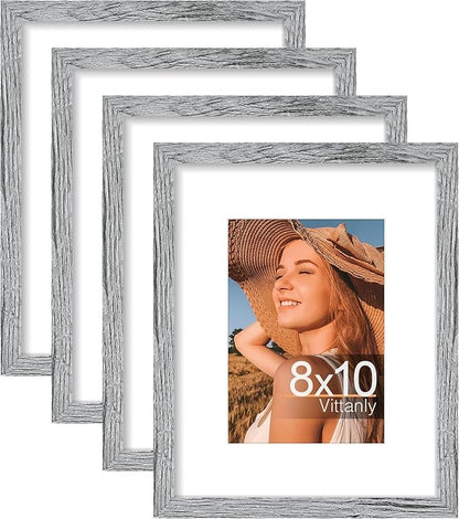 Vittanly 8x10 Picture Frame Set of 4, Display Pictures 5x7 with Mat or 8x10 without Mat, Engineered Wood with Shatter Resistant Plexiglass, Wall Gallery Photo Frames for Wall or Tabletop, Grey