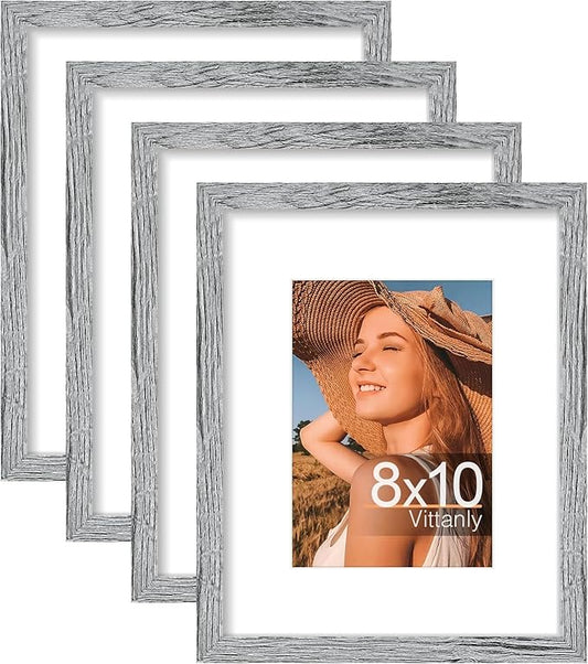 Vittanly 8x10 Picture Frame Set of 4, Display Pictures 5x7 with Mat or 8x10 without Mat, Engineered Wood with Shatter Resistant Plexiglass, Wall Gallery Photo Frames for Wall or Tabletop, Grey