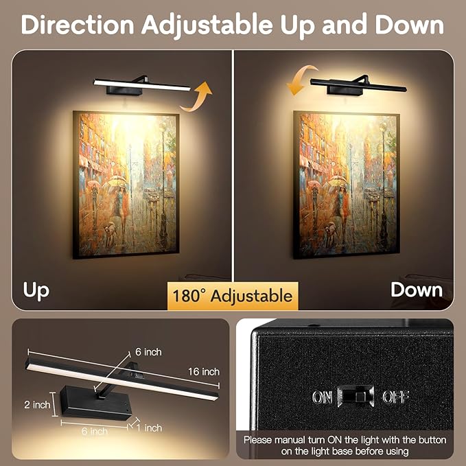 Picture Light for Wall 5200mAh Rechargeable and Battery Operated 2in1,Painting Lights for Art Display Gallery,Rotatable Dimmable Timer/Lighting up Pictures Poster Frame Dartboard in Room Hallway