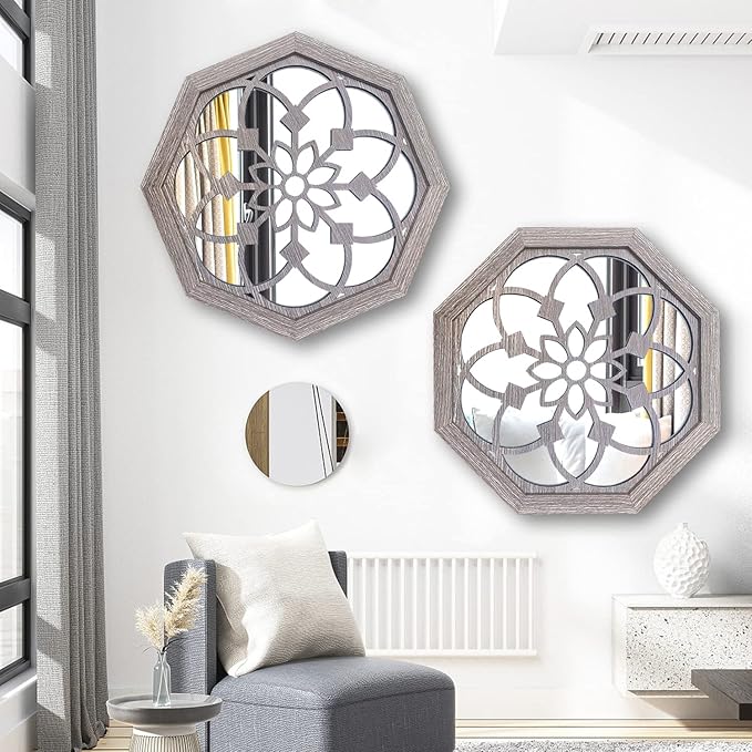2 PCS 20 inch Octagon Wall-Mounted Mirrors,Vintage Farmhouse Mirror for Wall Decor,Barn Wood Color Decorative Accent Mirror for Foyer, Bathroom, Bedroom. (20”x20”)