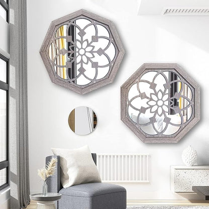 2 PCS 20 inch Octagon Wall-Mounted Mirrors,Vintage Farmhouse Mirror for Wall Decor,Barn Wood Color Decorative Accent Mirror for Foyer, Bathroom, Bedroom. (20”x20”)