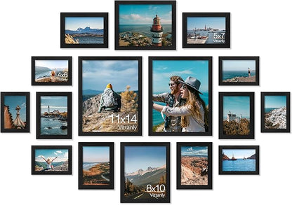 Vittanly 16 Pack Picture Frames, Gallery Wall Frame Set with 2Pcs 11x14, 2Pcs 8x10, 6Pcs 5x7 and 6Pcs 4x6 Photo Frames, Picture Frames Collage Wall Decor for Wall or Tabletop Display, Black