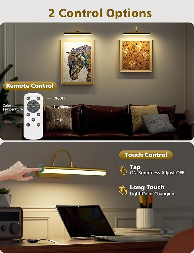VOLISUN Picture Lights for Wall, 13 inch Rechargable Picture Light Battery Operated, 3 Color Temperatures Cordless Picture Light with Remote, Art Light for Paintings, Gallery, Portrait, 1 Pack (Gold)