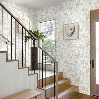 Yellow Wallpaper Floral Peel and Stick Wallpaper Boho Light Blue and Yellow Wall Paper Bird Botanical Contact Paper for Cabinets Renter Friendly Self-Adhesive Bathroom Bedroom 78.7"×17.3"